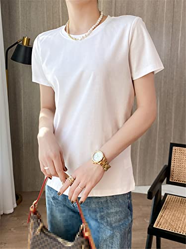 FULBHPRINT Zomer Mercerized Katoen Vrouwen Zijde T-Shirts O Hals Korte Mouw Losse Rechte Tops Eenvoudige Casual Tees - Afbeelding 5