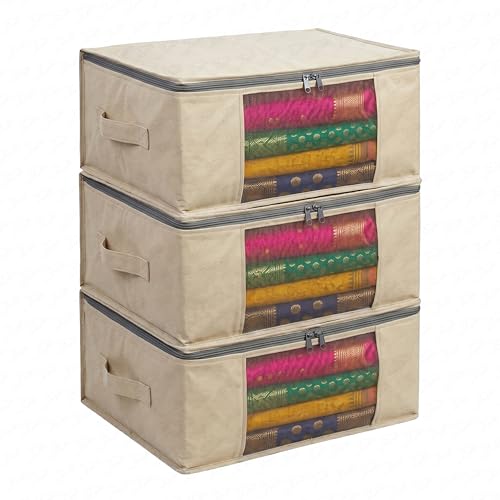 Image of Lukzer Cotton Canvas Large Saree Cover Bags for Storage with Zip & Transparent Mesh Window /Clothes Organizer for Wardrobe - Set of 03 | Saree Bags Designed for Lehengas /Blankets /Dresses - 44x31x19 CM