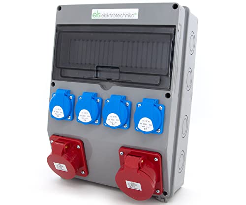Preisvergleich Produktbild ELS Elektrotechnika Steckdosenverteiler Baustromverteiler Wandverteiler Leergehäuse Schuko Steckdosen 4x230V & CEE 16A & CEE 32A zur Nachrüstung mit modularen Geräten, Verkabelt, für Innen und Außen