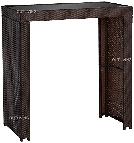 Image of OUTLIVING Rattan Wicker Outdoor Bar Patio Table with 4 Chairs Set for Home Graden Balcony 4 Seater High Bar Patio Furniture Table and Chairs -(Cream Cushion, Brown)