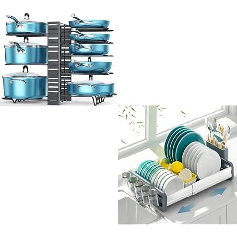 ORDORA 8 Tier Pot and Pan Organizer Rack for Cabinet with 3 DIY Methods and Extendable Dish Drying Rack Bundle Cover