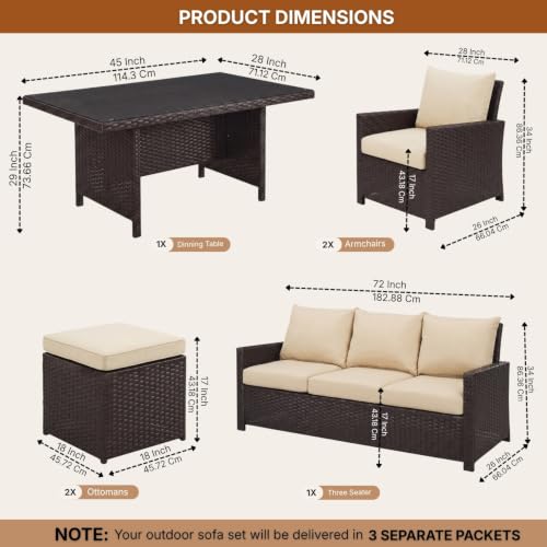 Image of DEVOKO Outdoor 7-Seater Patio Dining Set Sofa with Glass Top Table & Water-Resistant Cushions, Strong Metal Frame for Garden, Porch, Terrace(Dark Brown & Cream)
