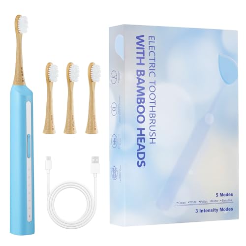 GUFICLE Bamboo Electric ToothbrushRechargeable Electric Toothbrush with 4 Bamboo Heads Soft Castor Oil Bristles 5 Moedes&3 Intensities 45 Days Battery Life IPX7 Waterproof-Light Blue