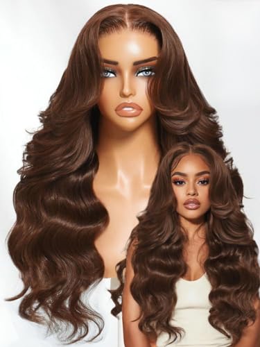 Image of Sunber Loose Body Wave Human Hair Glueless Auburn Brown Wig 18Inch | Wig with Drawstring Pre Everthing Pre Cut 13x4 HD Lace Frontal Wigs Pre Plucked Bleached Invisible Knots Put on Go Brown Wig