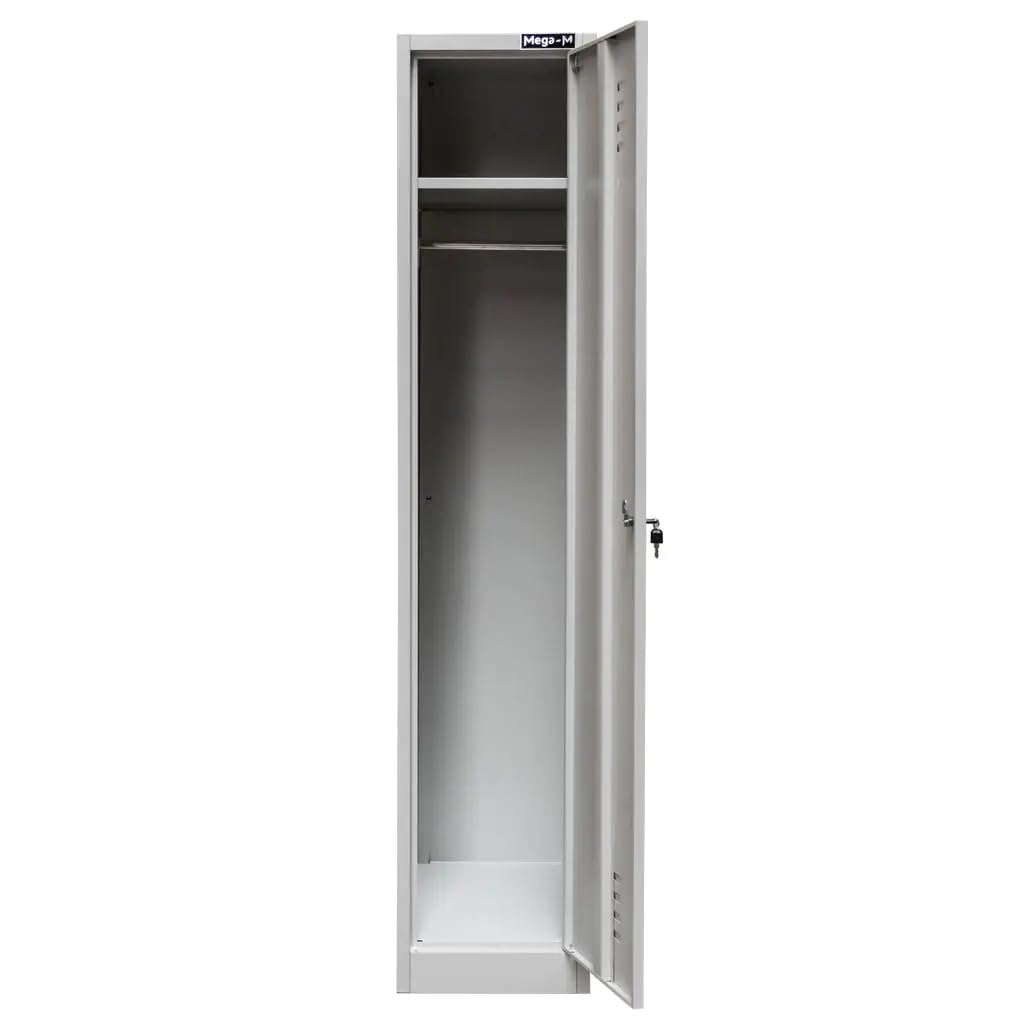 MEGA-M Szafka BHP ubraniowa pracownicza 1-drzwiowa | metalowa szafa z półką, drążkiem, haczykami, wentylacją i zamkiem, 36 × 50 × 180 cm, szara Bullet Points