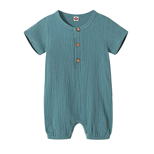 Image of Happy Town Infant Baby Girl Boy Jumpsuit Cotton Linen Romper Short Sleeve One-Piece Bodysuit Infant Summer Clothes Outfits (Aquamarine, 3-6 Months)