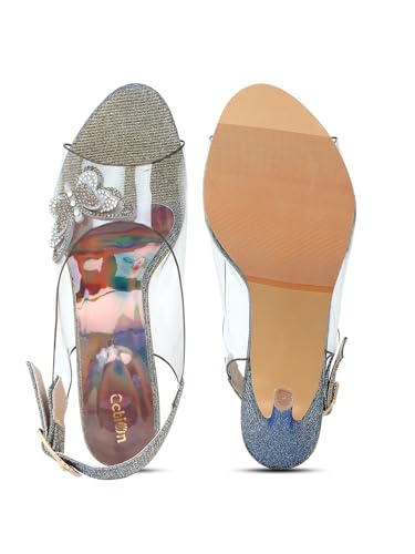 Image of Action Women's Butterfly Embellished Clear Stiletto Sandals| Gold Glitter Heel| Golden