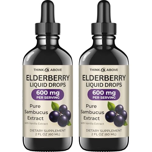 Think Above Elderberry Liquid Drops 600mg 2 Fl Oz Pure Sambucus Extract with Vanilla Vegan Immune Support Supplement (Pack of 2)