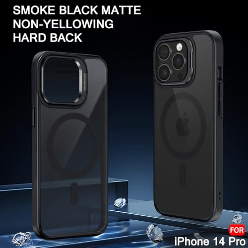 Image of TheGiftKart Hybrid Matte Frosted Back Cover Case for iPhone 14 PRO Compatible with MagSafe | Built-in Stand | Shockproof Hard Back Case Cover for iPhone 14 PRO (PC & TPU, Translucent Black)