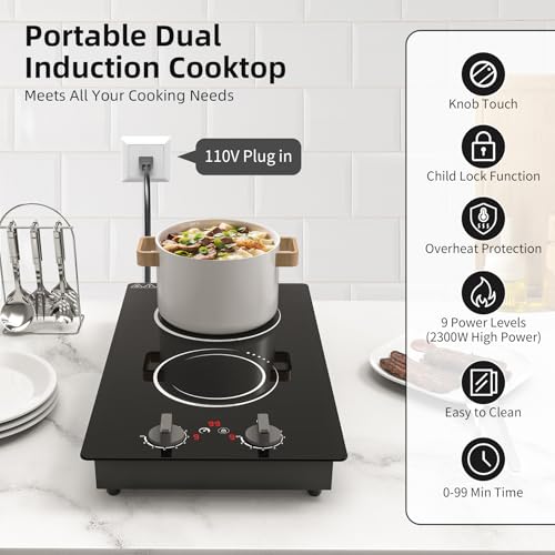 Image of VBGK Double Induction Cooktop,110V 2300w 2 burnerinduction cooktop,2 burner Hot Plate Electric burner withLCD Touch Screen 9 Levels Settings Child Safety Lock &Timer