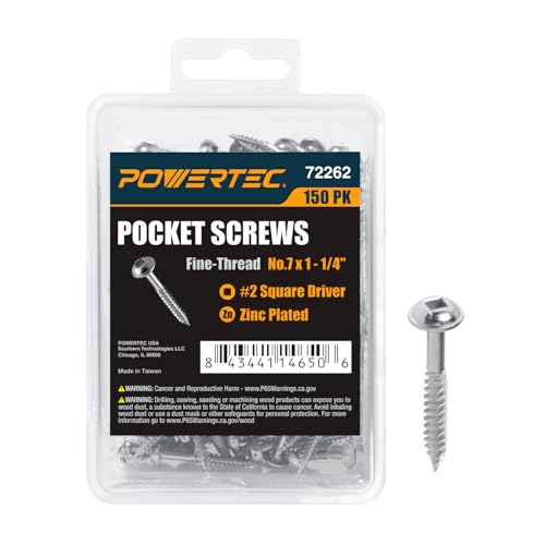 Image of POWERTEC 150 PK Pocket Hole Screws, Maxi-Loc Head, #2 Square Drive, 1-1 /4 inch Fine Thread for Pocket Hole Jig, Hardwood Cabinets & Furniture (72262)