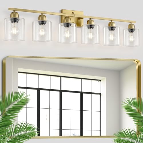 Image of Modern Brushed Gold 6 Light Bathroom Light Fixtures,38 inch Vanity Lights for Bathroom with Clear Glass, Vanity Light for Mirror Kitchen Living Room Hallway Cabinet Porch