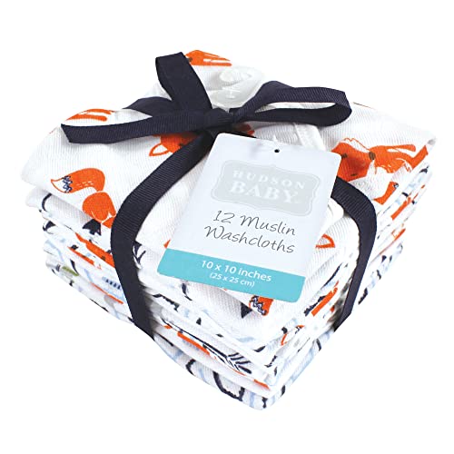 Image of Hudson Baby Unisex Baby Cotton Muslin Washcloths, Foxes, One Size