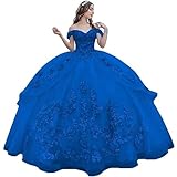 Fuomomo Vestido de Fiesta con Apliques de Encaje 3D Tul Brillante y Esponjoso, Vestidos de 15 años quinceañera Vestido de Princesa de Encaje con Hombros Descubiertos Vestido de quinceañera