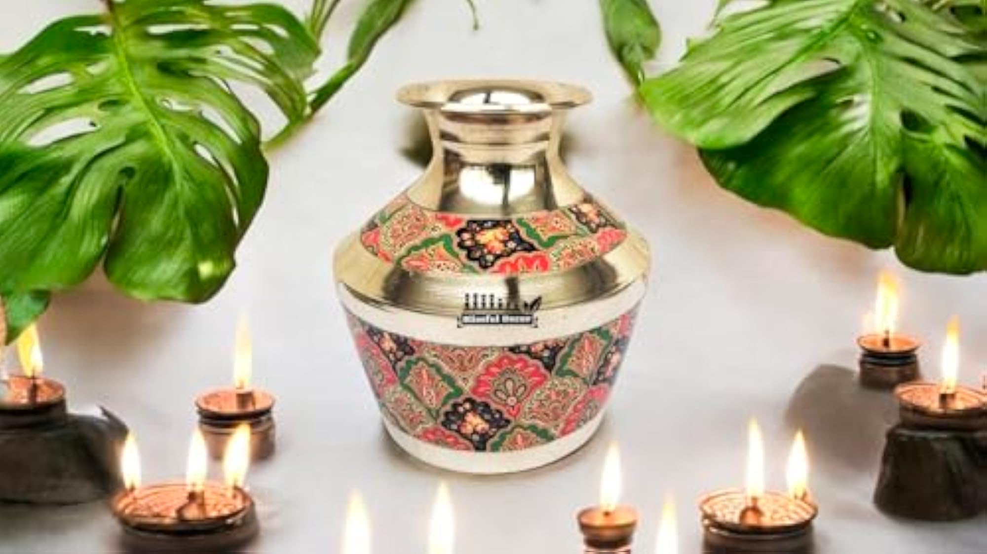 Pure Brass Kalash with Meena Work for Pooja