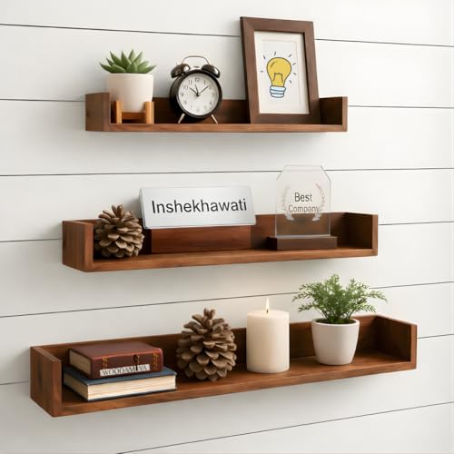 Image of Solid Wood Floating Wall Shelves (Set of 3) | Premium Wooden Wall Mounted Shelves for Living Room, Bedroom & Office Decor | Teak Finish | 28 /34 /46 Inch