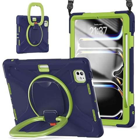 TSQQST Case for iPad Pro 11 inch (M4) Case 2024 5th Generation, Shockproof Protective Case with Pencil Holder Screen Protector, 360° Rotate Stand Case with Shoulder Strap, Navyblue Lime Cover