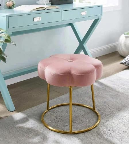 Image of Flower Ottoman Foot Stool for Bedroom and Living Room, Round Makeup Vanity Chair with Metal Legs and Soft Padded Seat-Pink