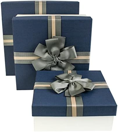 Emartbuy Set of 3 Rigid Presentation Gift Box, Textured Burgundy Box with Black Lid, Brown Interior and Striped Decorative Ribbon