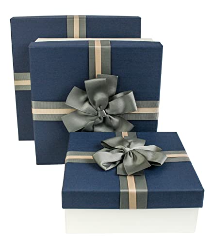 Emartbuy Juego de 3 cajas de regalo rígidas, caja de crema con tapa azul, cinta decorativa de dos tonos gris marrón y papel triturado de 200 g en negro Cover