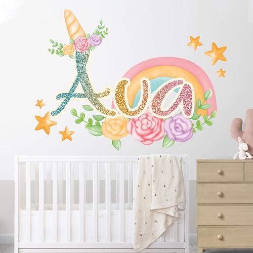 AdesiivoStudio Unicorn Name Wall Decal, Personalized for Girls Room, Customized Baby Girl Nursery Wall Art Decals (Unicorn Horn with Flowers), Pink