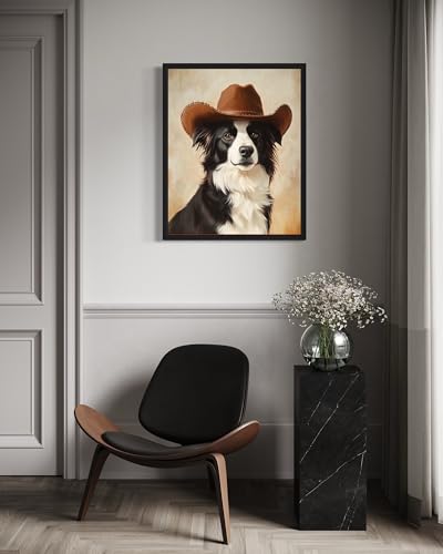 Image of Border Collie Cowboy Hat Wall Black Framed Art Print Poster, Dog Pet Lover Picture Painting Artwork Bedroom Living Room Office Dining Room 150D (Border Collie Cowboy Hat, 14 inch L x 11 inch W, Black Frame)