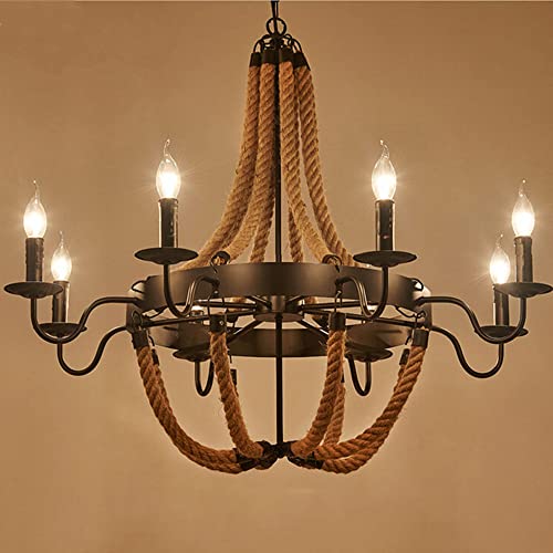 Lámpara de araña de rueda de carro negra antigua con 8 luces, cuerda de cáñamo, accesorios de iluminación para restaurante, lámpara colgante de metal en V para decoración de sala de estar y dormitorio
