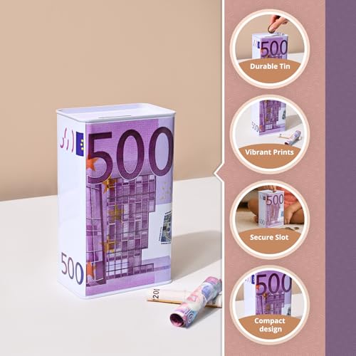 Image of Market99 Rectangular Money Bank | Purple Tin Coin Bank with 500 Euro Note Print & Glossy Finish | Trendy Piggy Bank for Kids & Adults | Stylish Savings Box for Home, Office Desk & Gift Use
