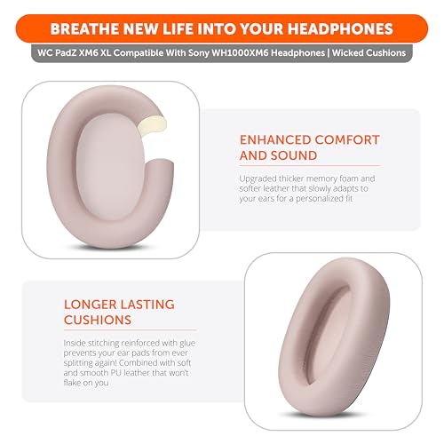 Image of WC PadZ XM6 XL - Extra Large Replacement Ear Pads Compatible with Sony WH-1000XM6 by Wicked Cushions | Bigger Ear Opening, Enhanced Comfort & Sound Isolation | Sand Pink