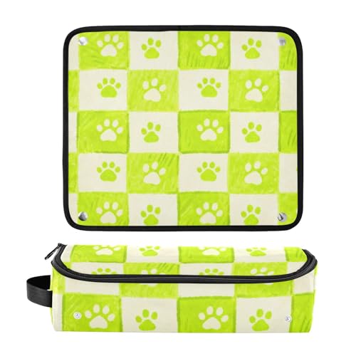 Estuche de viaje para herramientas de cabello Hot Hair Tools con tapete resistente al calor, doble capa, para planchas, rizadores y secadores, Beige y verde neón con estampado de patas de perro miniatura 3