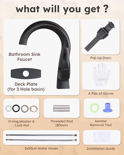 WOWOW Single Handle Bathroom Faucet 1 Hole High Arc Bathroom Basin Oiled Rubbed Bronze with Pop Up Drain, Solid Brass Commercial Bathroom Sink Faucet Basin Vanity Bar Faucet (Patented Product) - image 8