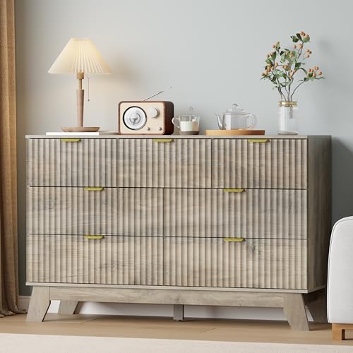 Image of Grey Dresser 7 Drawer Dresser for Bedroom, 47''W Fluted Wooden Dresser Storage Cabinet and Chest of Drawers with Metal Handle, Storage Organizer for Living Room, Hallway, Entryway, Gray