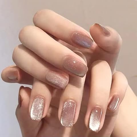 24 Pcs Fingernails Kit False Nails Short Press on False Nails Tips Glitter Cat eye Fake Nails for Women Nails Art(Caramel,12 Sizes) Cover