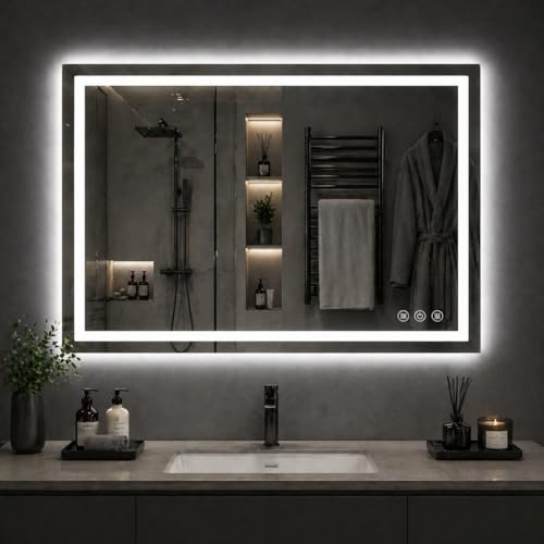 Image of 40 inchx 30 inch LED Bathroom Mirror with Lights, 90CRI Anti-Fog, Dimmable Brightness, 3 Colors, Memory Function, Shatterproof Tempered Glass, Mirror with Lights Lighted Bathroom Mirror