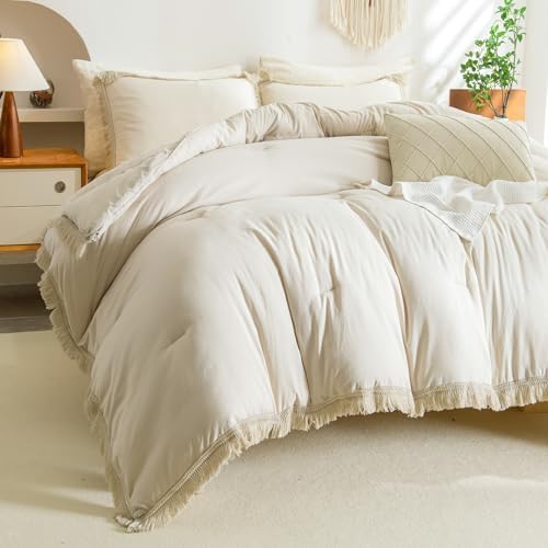 Litanika Beige Queen Comforter Set, Boho Tassel Comforter Aesthetic 3 Pieces, Lightweight Fringe Microfiber Bedding Set for All Season(1 Comforter 90×90 inch, 2 Pillowcases)