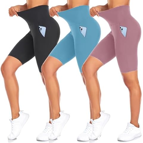 NEW YOUNG 3 Pack Biker Shorts for Women with Pockets Tummy Control-8" High Waisted Workout Black Bike Shorts Yoga Pants Cover