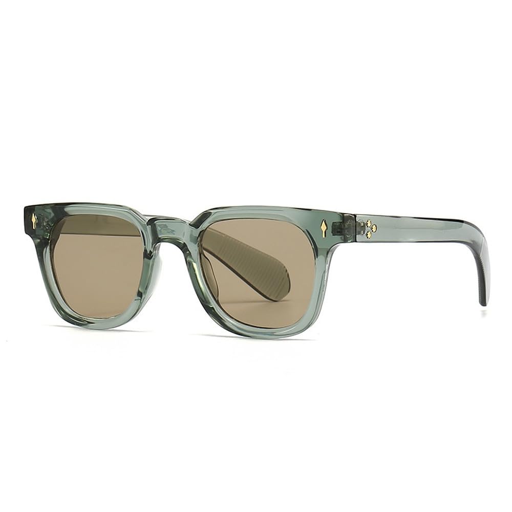 Occhiali da sole alla moda con lenti sfumate, verde vintage e rivetti di tendenza.