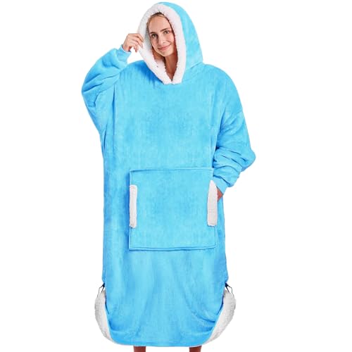 yescool Manta con capucha, regalos de cumpleaños para adultos/mujeres/mamá, manta de franela acogedora de forro polar sherpa con capucha, bolsillo y mangas, grande, talla única (turquesa)