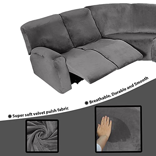Velocvil 7 Pieces Velvet Stretch L Shape Recliner Sofa Covers, 5 Seat Reclining Couch Covers For L Shape Corner Sectional Recliner Sofa, Washable, Thick & Soft Furniture Protector, Dark Grey #TOP2