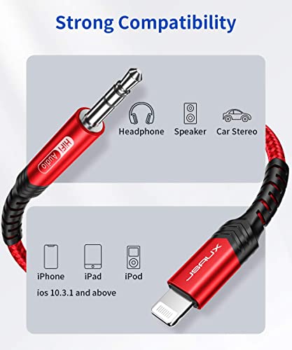 Image of JSAUX Lightning to 3.5mm iPhone AUX Cord Headphones Jack Compatible with iPhone 14 /14 Plus /14Pro /13 /13 Pro Max /12 /12 Pro /11 /X /XS /XR /8 /Car Stereo, 6FT, [Apple MFi Certified] -Red
