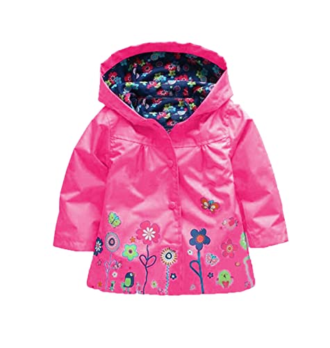 Toddler Baby Girls Waterproof Jacket Floral Printed Hooded Raincoat Windproof Warm Outwear Button Rainy Jacket2