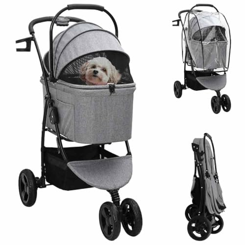 QUAHEAS Carrito plegable gris de poliéster 78 x 54 x 101 cm con freno y ventana de red, plegable con cesta y bolsa para carrito de perros y gatos, carrito de mascotas al aire libre viaje paseo