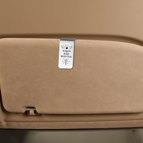 Image of Penitue Engraved Guardian Angel Car Visor Clip, Inspirational Car Visor Clip Driving Safe Accessories for Women Men Family Friend New Driver Gifts (Silver)