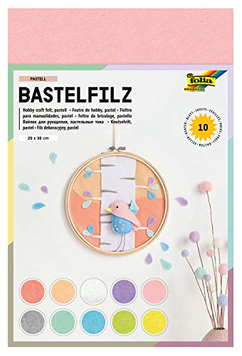 Folia 520495 - Bastelfilz Pastell, Feine Wollqualität, 10 Blatt, 150 G/qm, 20 X 30 Cm, Sortiert In 10 Pastellfarben, Klebefleckenfreie Verarbeitung, Ideal Für Vielfältige Bastelarbeiten
