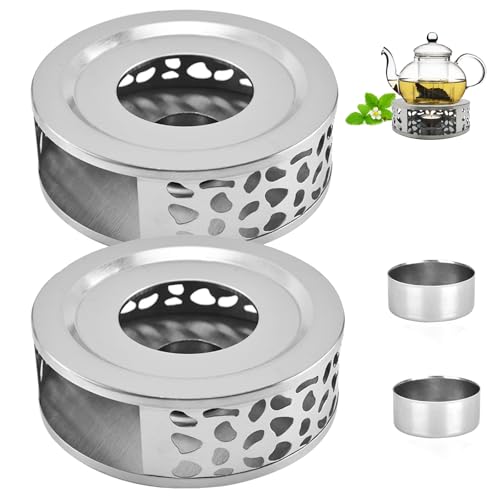 Calentador de Tetera, 2 Piezas Cojín de té, con Portavelas de Acero Inoxidable, Calentador de Café de Acero Inoxidable, para Calentar Té Leche Café Bebidas Calientes(Plateado)