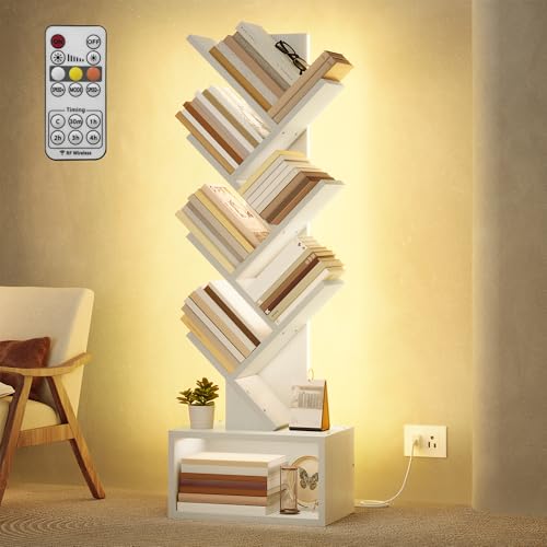 Image of Hoctieon 6 Tier Tree Bookshelf, Tall Bookcase with Drawer, Freestanding Book Shelf with LED Lights, Display Floor Standing Storage Shelf, Book Organizer Shelves for Home Office, Living Room, White