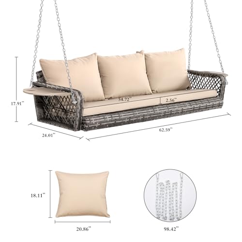 TITIMO 3-Seats Wicker Porch Swing Hanging Bench Chair Outdoor Gray Rattan Patio Swing Lounge with Cushions for Garden, Balcony, Deck - Thumbnail 2
