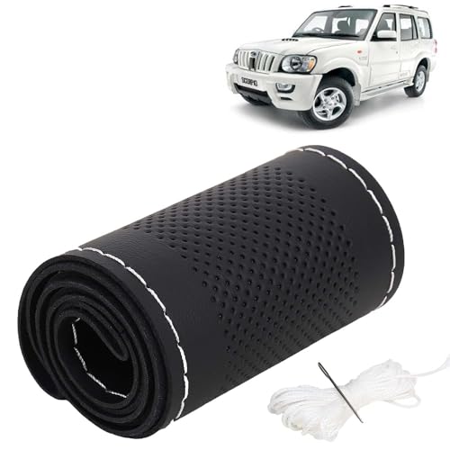 Image of KINGSWAY PU Leatherite Car Steering Cover Sewable Compatible with Mahindra Scorpio (Year 2006-2014), Black Color with Silver Thread, Pack of 1 with Sewing Needle and Thread