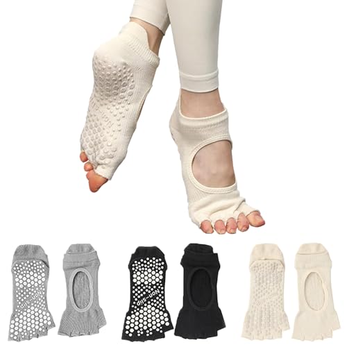Sunolkie 3 Paar Yoga Socken PilatesSocken, rutschfeste Socken, Fitness Tanzsocken für Damen,offene Spitze, rutschfest, aus atmungsaktiver Baumwolle, 4-7 UK / 36-40 EU / 5-8,5 US
