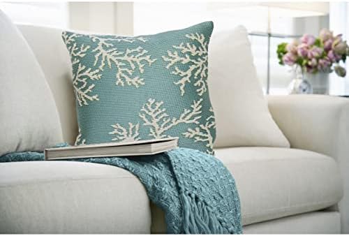 Liora Manne Marina Indoor/Outdoor Power Loomed Easy Care Pillow - Transitional Border Coastal Beach Accent (Coral Edge Aqua) (18" x 18")